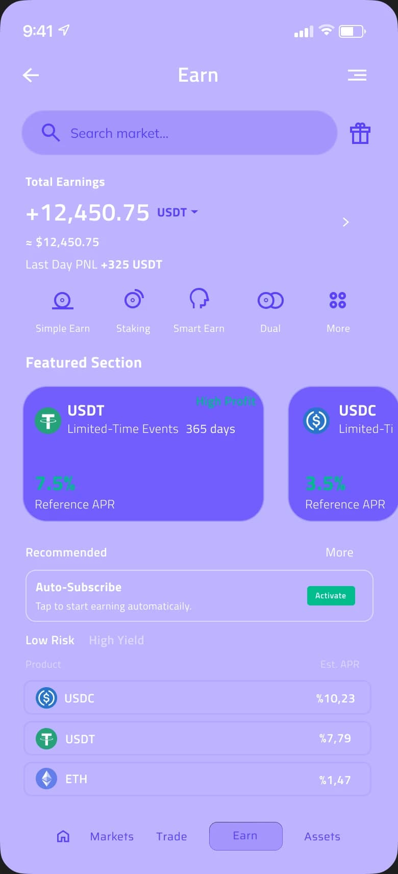 Earn screen: total earnings, earn products and featured offers.