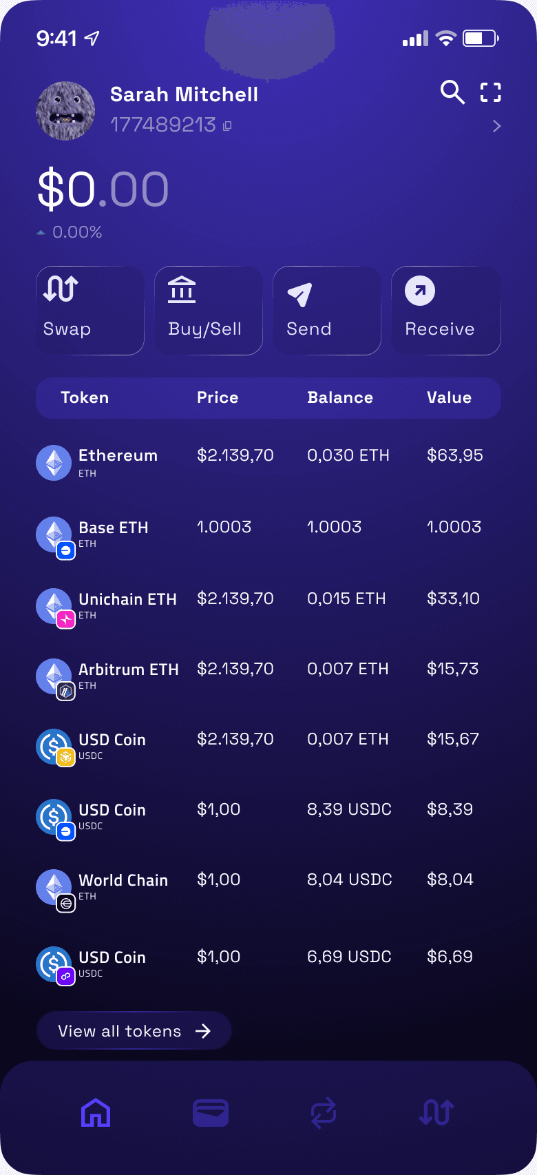 Home screen: a wallet balance, Swap, Buy/Sell, Send and Receive actions, and a token list with prices and balances.