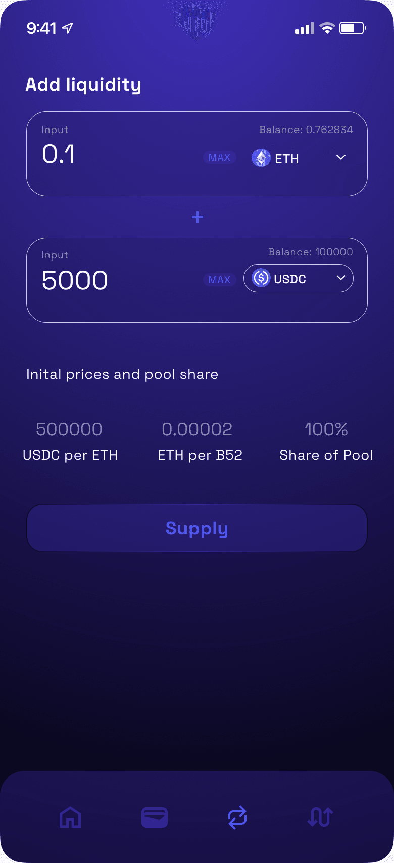 Add liquidity screen: an ETH and USDC pair, initial prices and pool share, and a Supply button.