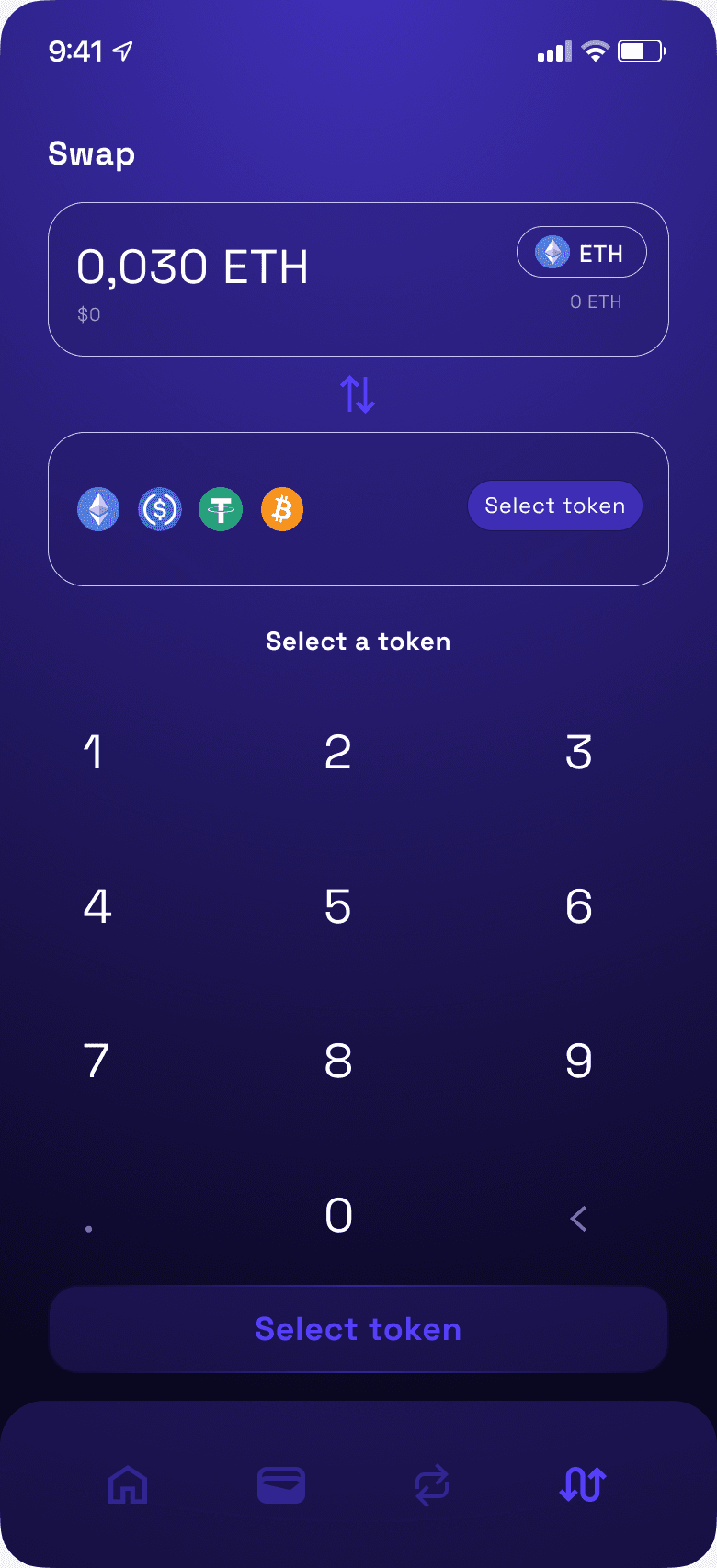 Swap screen: an ETH amount, a token picker and a number pad.