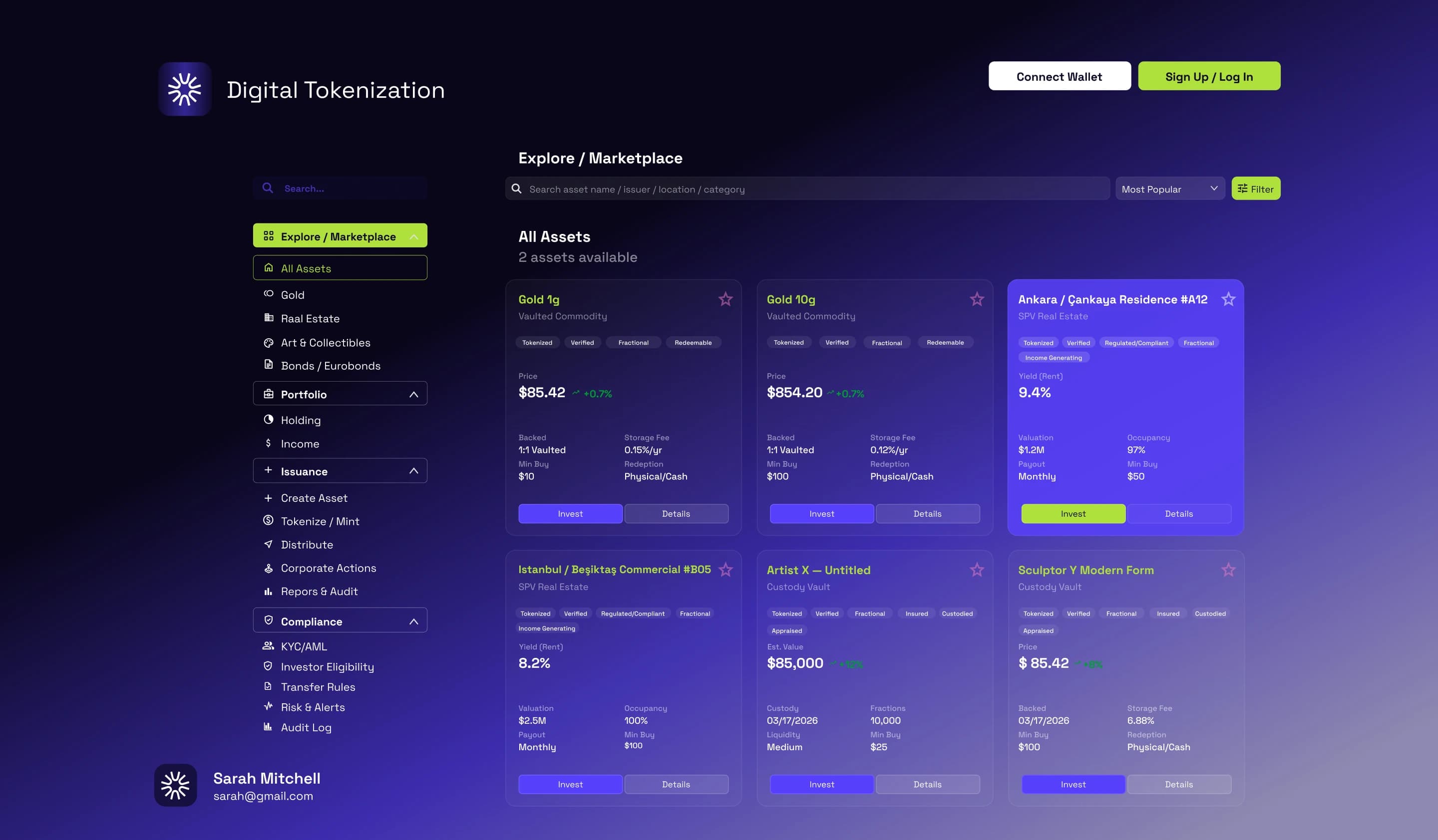 RWA tokenization marketplace dashboard: tokenized gold, real estate and art listed with price, yield and backing details